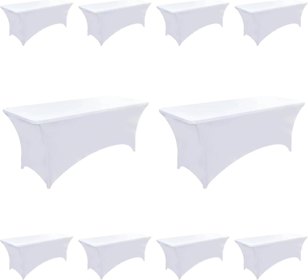 10-Pack 6ft White Spandex Table Covers for Rectangle Standard Folding Tables - Wrinkle Resistant Stretch Tablecloths - Ultimate Fitted Table Protector for Parties, Banquet, Wedding