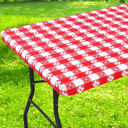Rectangle Vinyl Table Cloth, Waterproof Elastic Fitted Tablecloth with Flannel Backing, Plastic Table Cover for Picnic, Camping, Outdoor (Red & White, 30"x96")