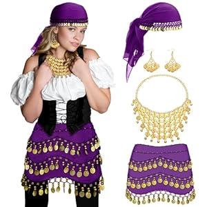 Sureio 4 Pcs Women Gypsy Pirate Costume Accessories Belly Dance Head Scarf Earring Necklace Hip Scarf Renaissance Jewelry(Dark Purple)