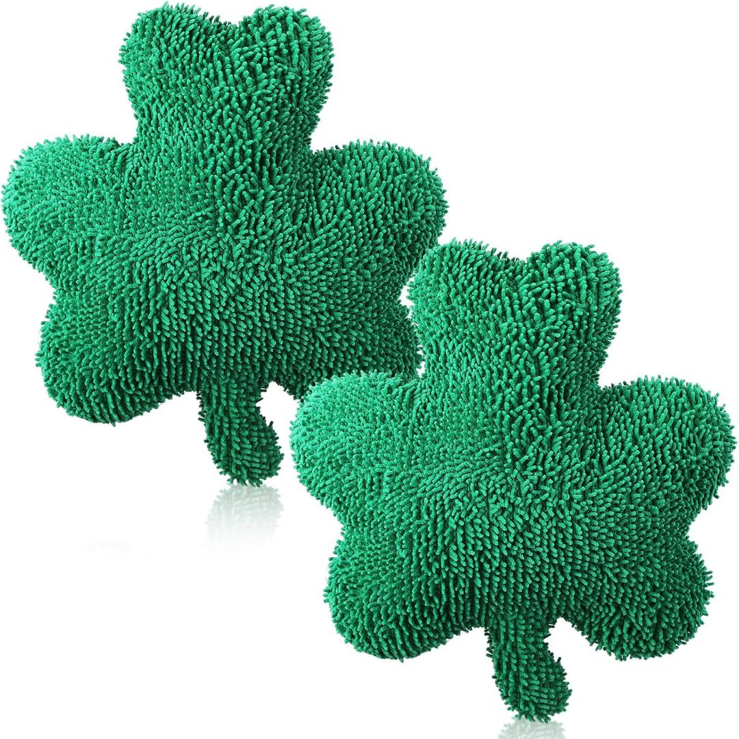 2 Pcs Shamrock Shaped Pillow, 14" St Patrick's Day Shamrock Chenille Soft Pillow Cushion, Green Plush Clover Throw Pillow with Removable Cover for Irish Sofa Couch Bedroom Decor