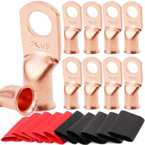 TKDMR 10pcs 2 AWG-3/8 Battery Lugs,Heavy Duty Wire Lugs,Ring Terminals,Battery Cable Ends,0 Guage terminals,Battery Terminal Connectors with 10pcs 3:1 Heat Shrink Tubing.