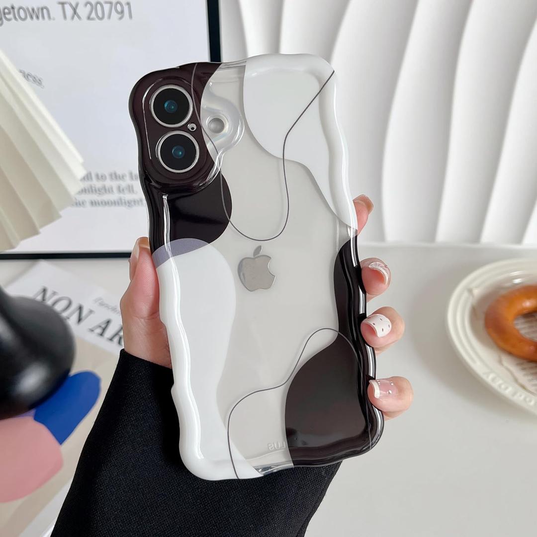 DEFBSC for iPhone 17 Case, Cute Clear Wavy Art Design Aesthetic Pattern Phone Case for Women Girls, Wave Frame Durable Protective Cover Full Camera Protection Bumper for iPhone 17, Black