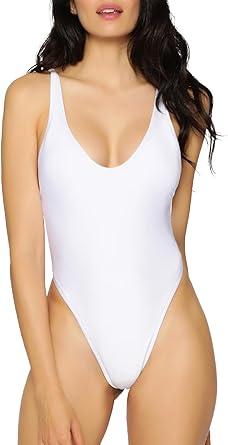 RELLECIGA Women's One Piece Thong Swimsuit (Medium, White)
