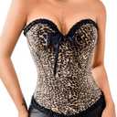 Women's Leopard Print Satin Corset, Lace-Up Shapewear Overbust Bustier Festival Night Out Halloween Tops (Large, Brown)