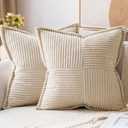 MIULEE Decorative Throw Pillow Covers for Couch Bed Livingroom 16x16 Inch Set of 2 Beige Boho Accent Throw Pllows Broadside Striped Patchwork Soft Corduroy Pillowcases