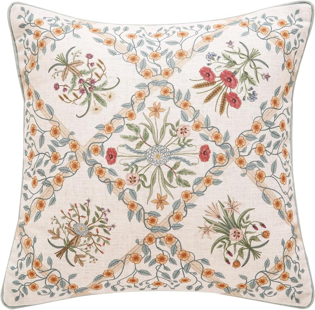ISAENNE Design Linen Throw Pillow Covers 18"x18", Square Farmhouse Cushion Covers with Red Pink Yellow Watercolor Wildflower Pattern Decor Pillowcases for Bed,Living Room,Outdoor,Car