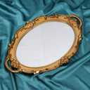 Oval Vintage Decorative Mirror Tray, Jewelry Dresser Organizer, Cosmetics Makeup Storage, Serving Tray (9.8x14.6 Inches, Golden)