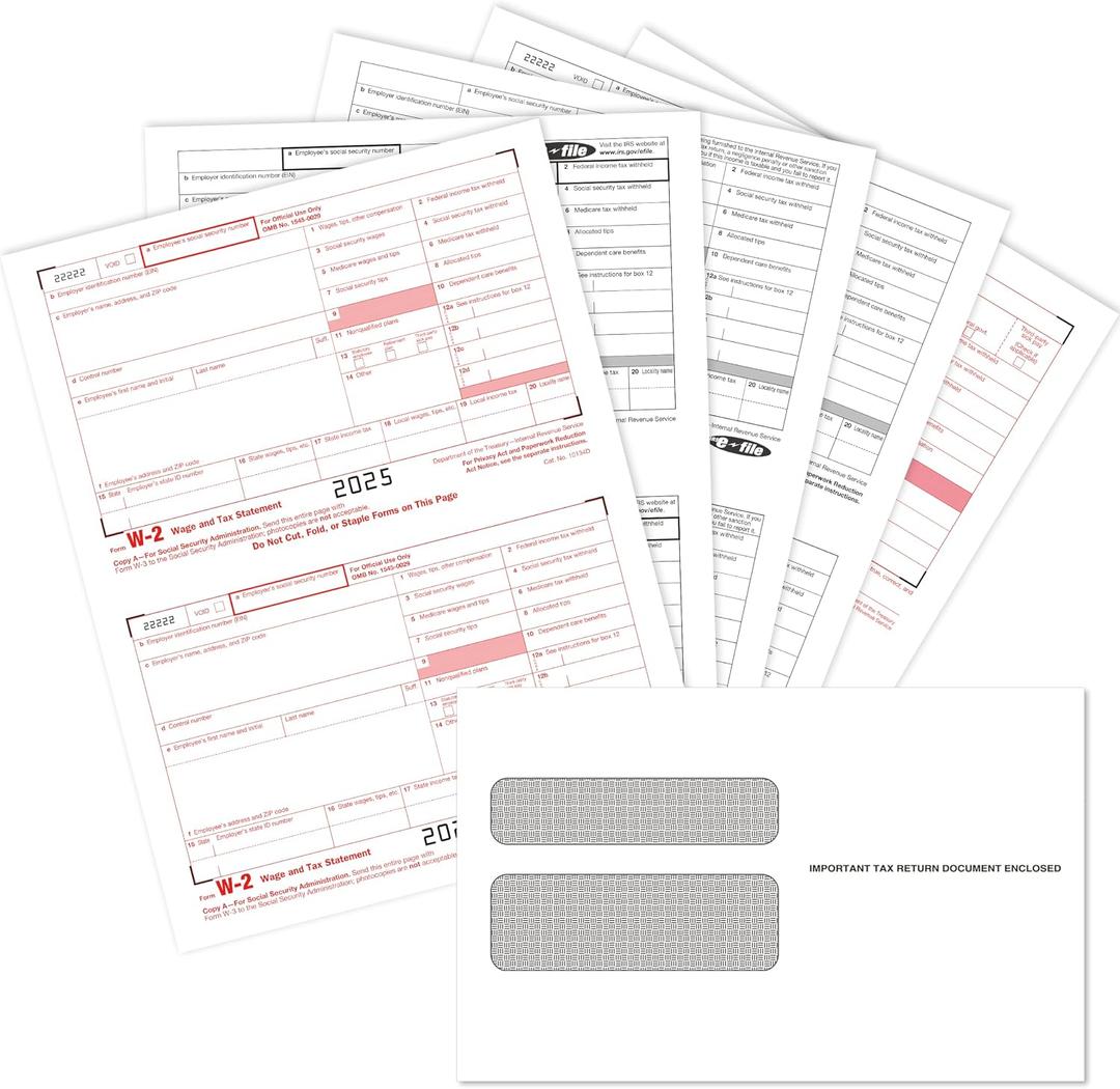 W2 Forms 2025 with Envelopes, 4 Part W-2 Tax Forms 2025, 4-Part W-2 Forms with 25 Self-Seal Envelopes, Laser Forms Designed for Accounting(W2 4 Part 25 with Envelopes)