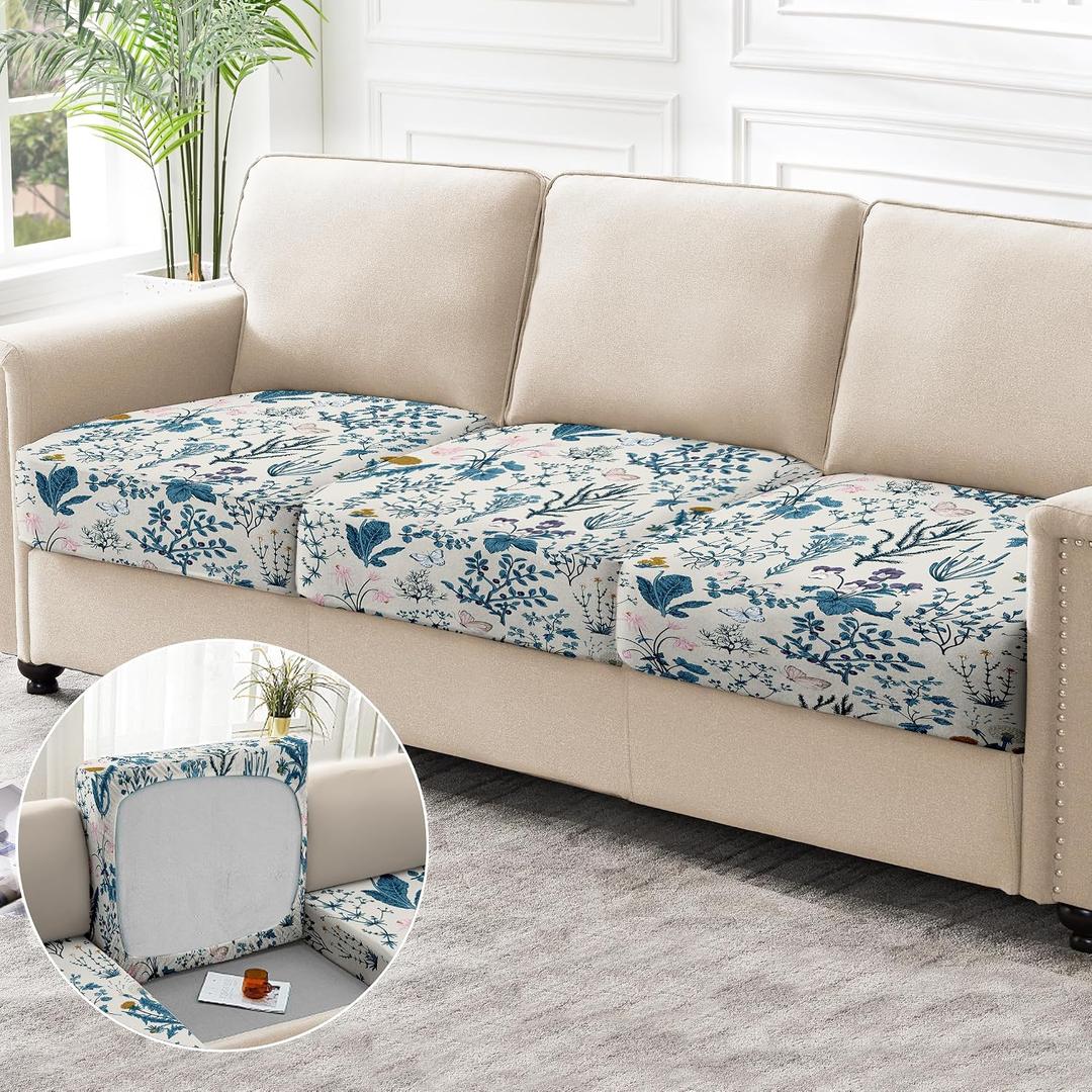 1PC Printed Couch Cushion Covers,Washable Spring Flower Printing Elastic Sofa Cover,Indoor Outdoor Sofa Slipcovers-Blue Vintage Flower