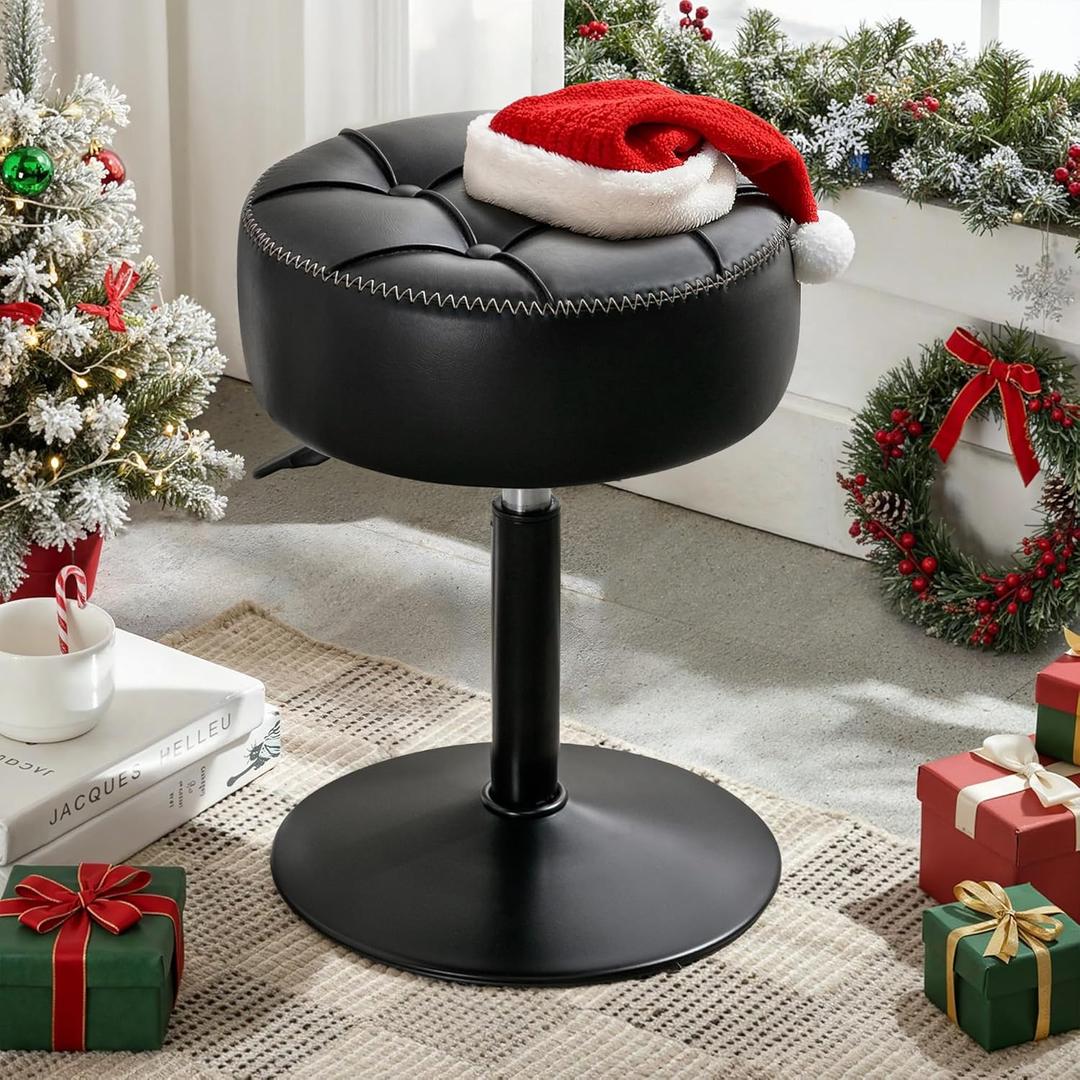 LUE BONA Adjustable Vanity Stool, 360Swivel Vanity Chair for Makeup Room, Black Stool Chair for Vanity, Small Faux Leather Vanity Stools for Bathroom, Living Room