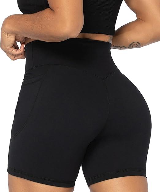 Sunzel No Front Seam Biker Shorts for Women with Pockets, Yoga Workout Gym Bike Shorts with Tummy Control (Small, Black)