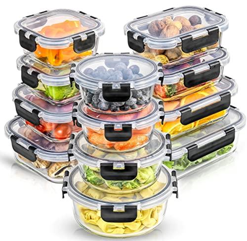 JoyJolt 16pc Borosilicate Glass Storage Containers with Lids | 12 Airtight/Freezer Safe Food Storage Containers for Pantry and Kitchen | Meal Prep Container for Lunch | Glass Tupperware Set