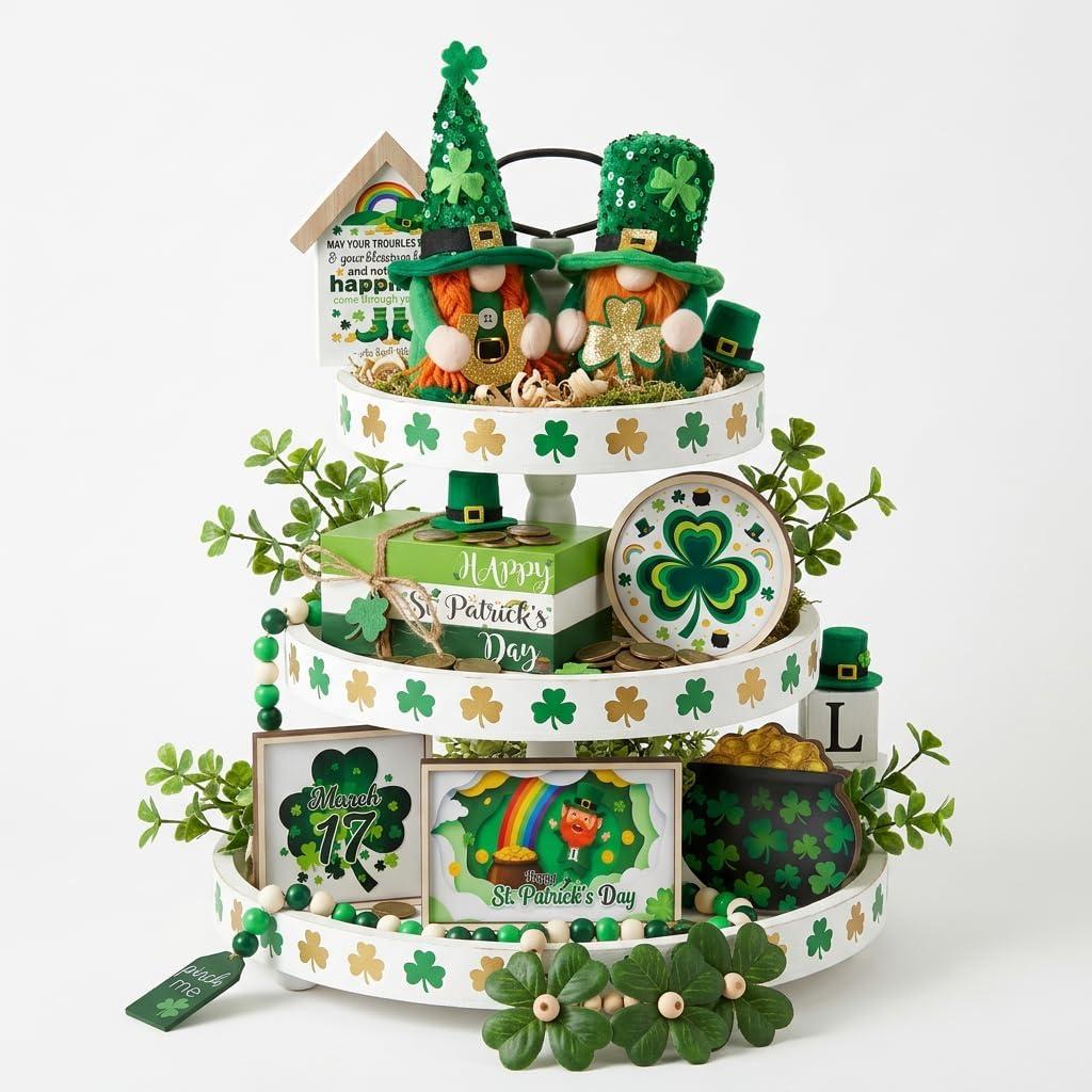 St. Patrick's Day Decorations | 6PCS St. Patrick's Day Tiered Tray Decor | Luck Shamrock Wooden Signs Irish Decor | Happy Saint Patricks Centerpiece for Home Table Shelf Party (Green)