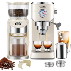Gevi 20 Bar Espresso Coffee Machine with Burr Grinder Set | 35 Precise Grind Settings | Milk Frother for Latte Cappuccino | Professional Home Barista Kit | Gift for Coffee Lovers (Ivory Beige)