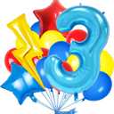 40 Inch Blue 3 Balloon Number, Latex Red Black Yellow Balloons, Mylar Lightning Balloons for Kids Cartoons Theme 3th Birthday Baby Shower Decorations