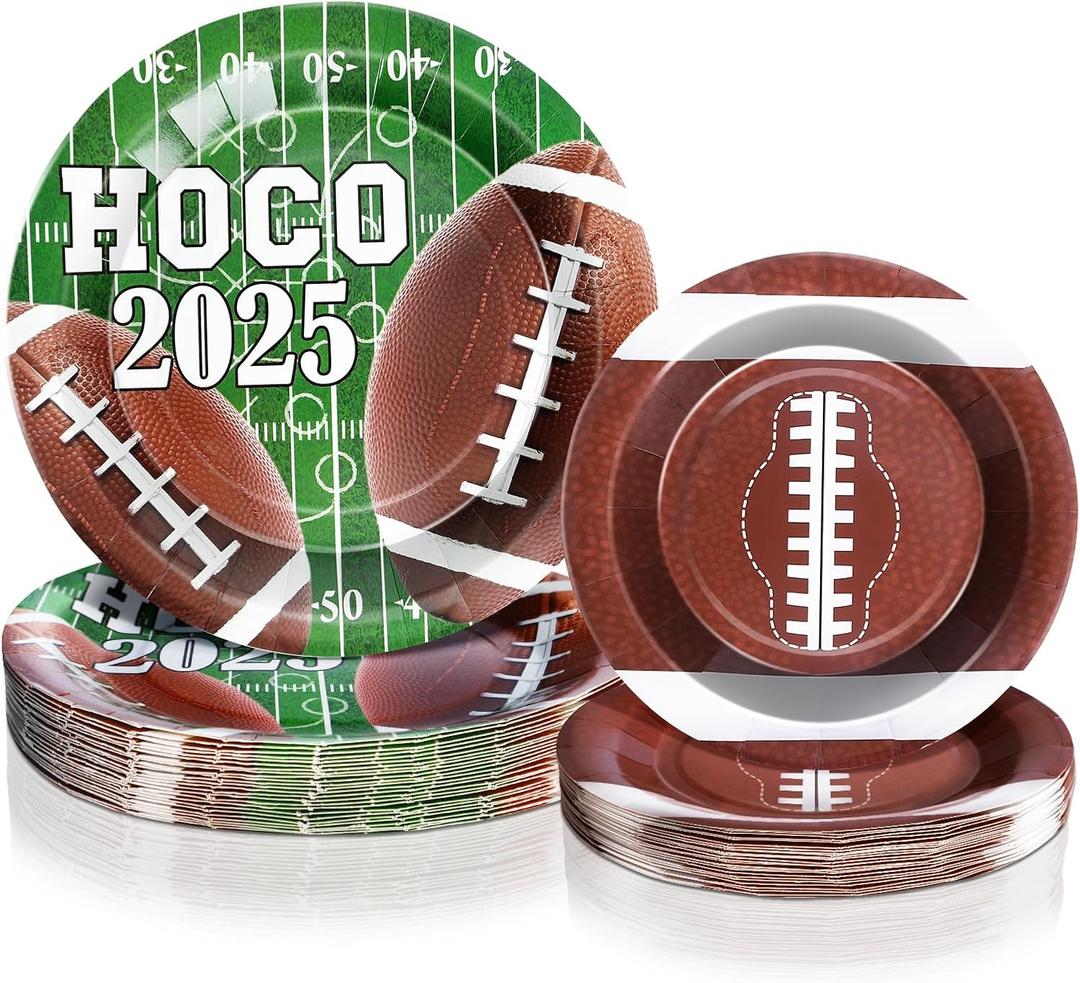 50PCS Homecoming Football Plates Kit 9 Inch Rugby Theme 2025 Homecoming Plates 7 Inch Disposable Football Round Trays for Sports Fans Tableware for Gameday Tailgate School Decor Supplies