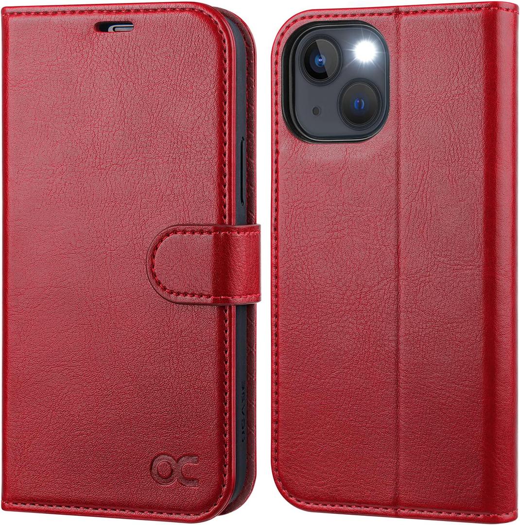 OCASE Compatible with iPhone 13 Wallet Case, PU Leather Flip Folio Case with Card Holders RFID Blocking Kickstand [Shockproof TPU Inner Shell] Phone Cover 6.1 Inch 2021 (Red)