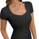 Belle Poque Women's Short Sleeve Square Neck Tops Slim Fit Ribbed Knit Basic Tee Tops Spring Summer Casual 2026 (Black, S)