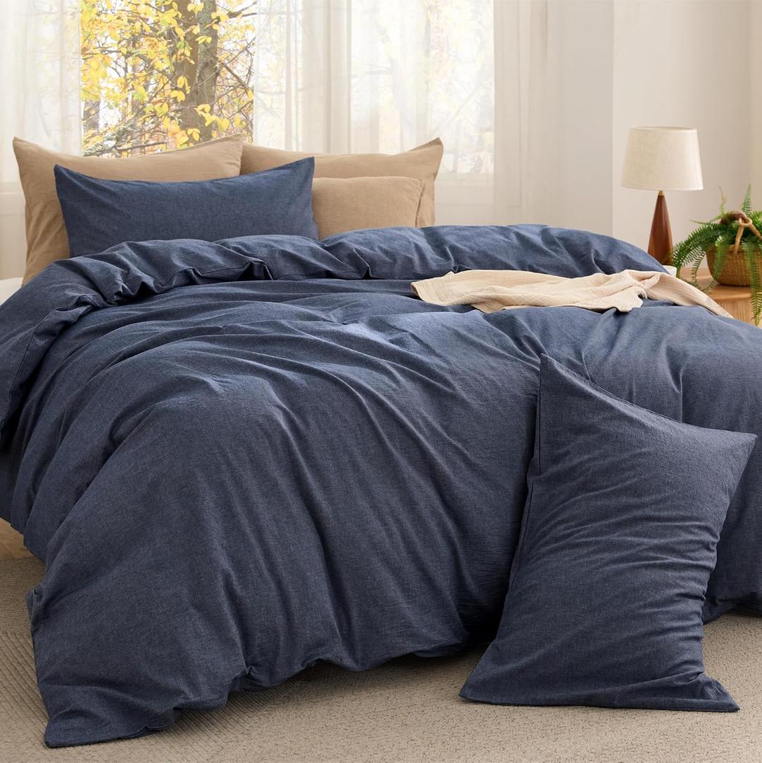 Bedsure Comforter Set Queen Size - Cotton Fabric with Microfiber Inner Fill, Denim Blue Soft Bed Set for All Seasons, 3 Pieces, 1 Comforter (90" x 90") and 2 Pillow Cases (20" x 26")