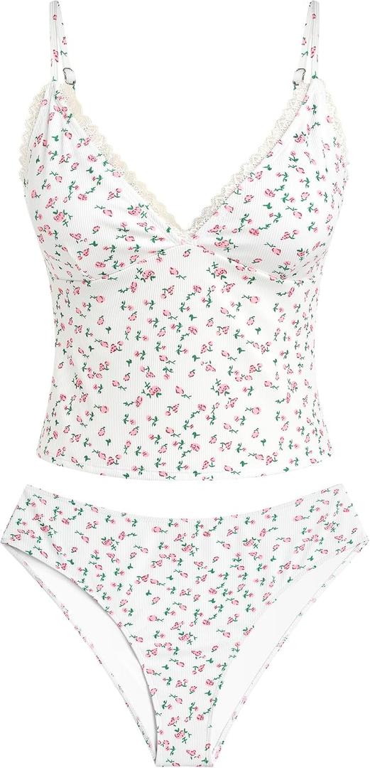 ZAFUL Women's Spaghetti Strap Tankini Swimsuits V Neck Tummy Control Tie Side Thong Bikini Swimsuits 2 Piece Bathing Suits (White)