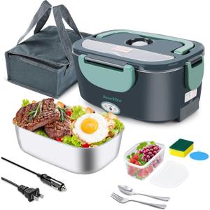 Electric Lunch Box for Adults, 80W Heated Lunch Box, 1.5L Stainless Steel Container | 12V/24V (Car/Truck) & 110V (Office/Home) | with Fork&Spoon and Insulated Carry Bag