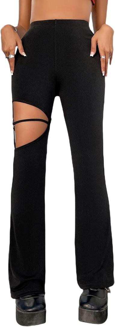 OYOANGLE Women's Bootcut Flare Leg Pants High Waisted Cut Out Y2K Fitting Trousers (Large, Black)