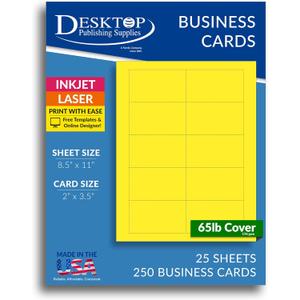 Colored Business Cards - 25 Sheets / 250 Business Cards - Inkjet & Laser - 10 per sheet (Bright Yellow)