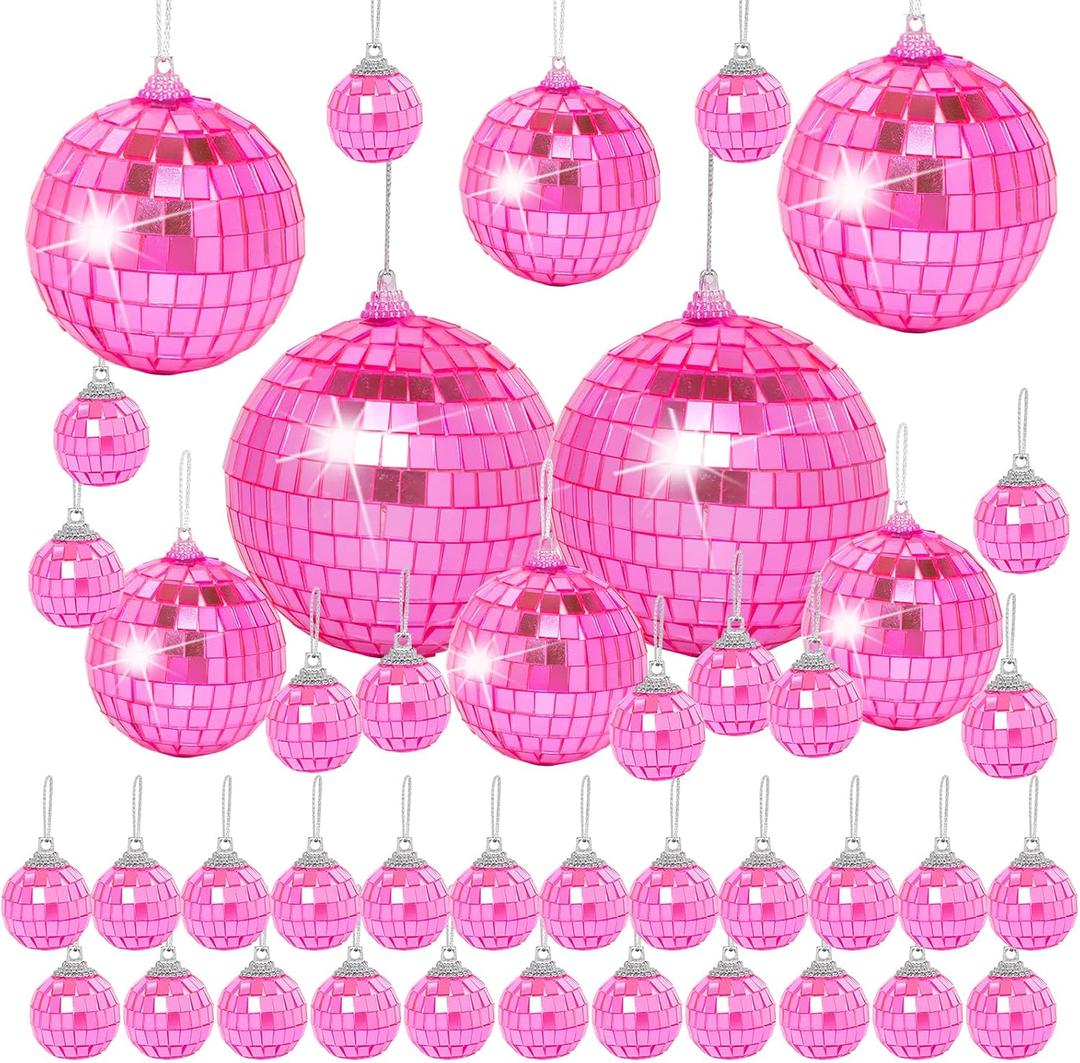 Pink Mini Disco Ball Decor: 42 Pack Hanging Mirror Ball Ornaments Different Sizes - Disco Balls Decorations Bulk for Party Christmas Tree Cake Room Birthday(1.2 Inch, 2 Inch, 2.4 Inch, 3 Inch)