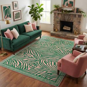 5x7 Area Rug for Living Room,Modern Abstract Pink and Green Zebra Print Rug,Non-Slip Washable,Bedroom, Dining Room, Home Office