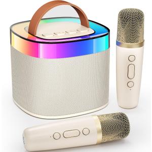YLL Karaoke Machine for Adults Kids, Portable Bluetooth Karokee Speaker with 2 Wireless Microphones,Singing Karaoke Machine Built-in LED Lights for Birthday Gifts, Family Home Party(Beige)