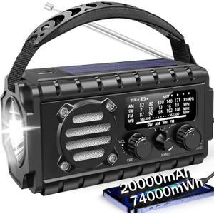 20000mah Emergency Radio, SW/NOAA/AM/FM Weather Radio, Solar Powered Hand Crank Chager with Bige Batery Powered,Portable,Cellphone Charge,SOS,Flashlight for Emergency/Home (Black)