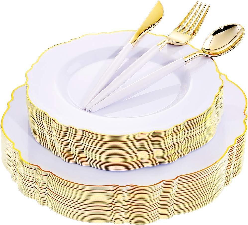 WDF 30Guest Gold Plastic Plates - High-end Baroque Design - 10.25&7.5in Wedding White and Gold Plates Disposable for Parties/Wedding/Father's Day