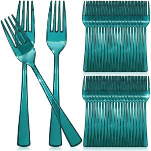 Minatee 50 Pcs Plastic Forks Disposable Cutlery Heavy Duty Dinnerware Plastic Silverware Flatware for Parties Supplies Dessert Picnics Holiday House (Peacock Blue)
