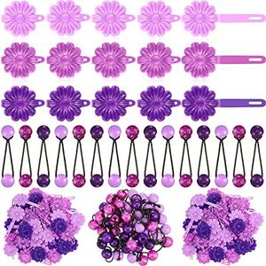 72 Pcs Hair Accessories Set: Plastic Self-Hinge Barrettes, Hair Balls, Bow Ties, Flower Clips for Girls, Baby, and Toddler (Purple, 80s 90s Inspired)