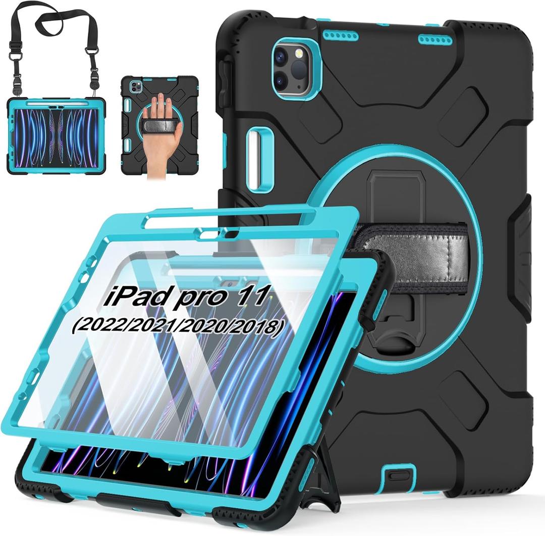 Case for iPad Pro 11 Inch 2022/2021/ 2020/2018: Silicone Cover for iPad 11 Inch 4th/ 3rd/ 2nd/ 1st/ Generation with Screen Protector- Stand- Handle- Shoulder Strap- Pencil Holder- Mint Green