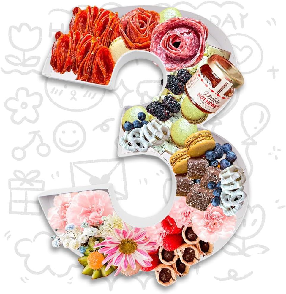 12 inch Fillable Number Paper Mache Cardboard Cutouts Sweet Charcuterie Board Tray (White, 3 Shape)