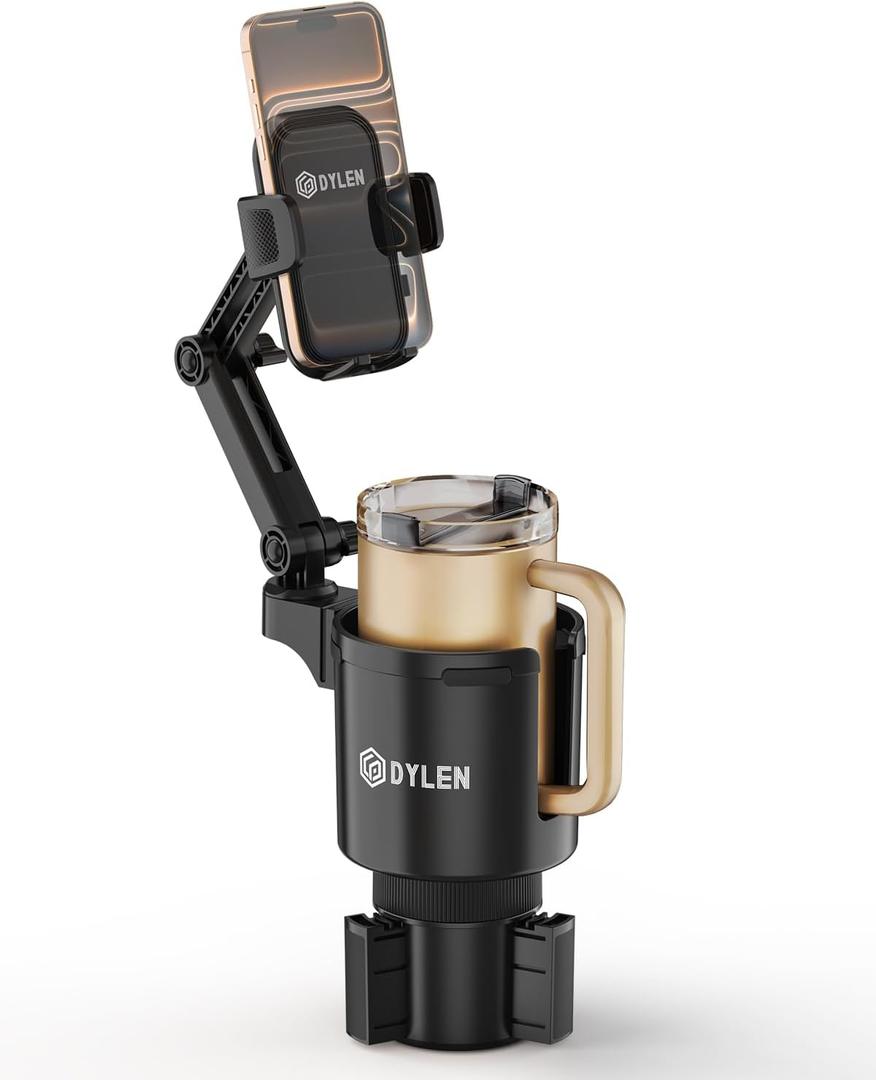 DYLEN Cup Holder Phone Holder for Car, 2 in 1 Cup Holder Phone Mount with Adjustable Base, Long-Arm Supports 360 Rotation, Car Phone Holder Compatible with All Phones| Anti-Slip&No Shake Design