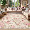 Lahome Floral Washable Rugs 9x12, Large Area Rugs 9x12 Living Room, Soft Non-Slip Thin Vintage Boho Bedroom Carpet for Dining Room Playroom Nursery Farmhouse, Nina Beige/Pink/Multi