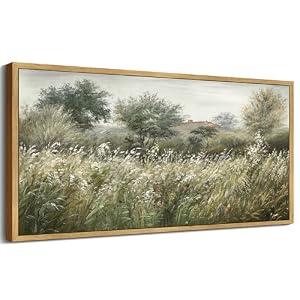 SHENIFY Vintage Landscape Framed Wall Art Meadow Scenery Farmhouse Decor Retro Painting for Bedroom Living Room Ready to Hang Wall Artwork - 20x40in Natural Framed