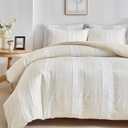 WARMDERN Khaki Striped Weave Duvet Cover Queen Size, White Knit Boho Duvet Cover Set, Microfiber Textured Bedding Set with Zipper Closure and Corner Ties (Khaki, Queen)