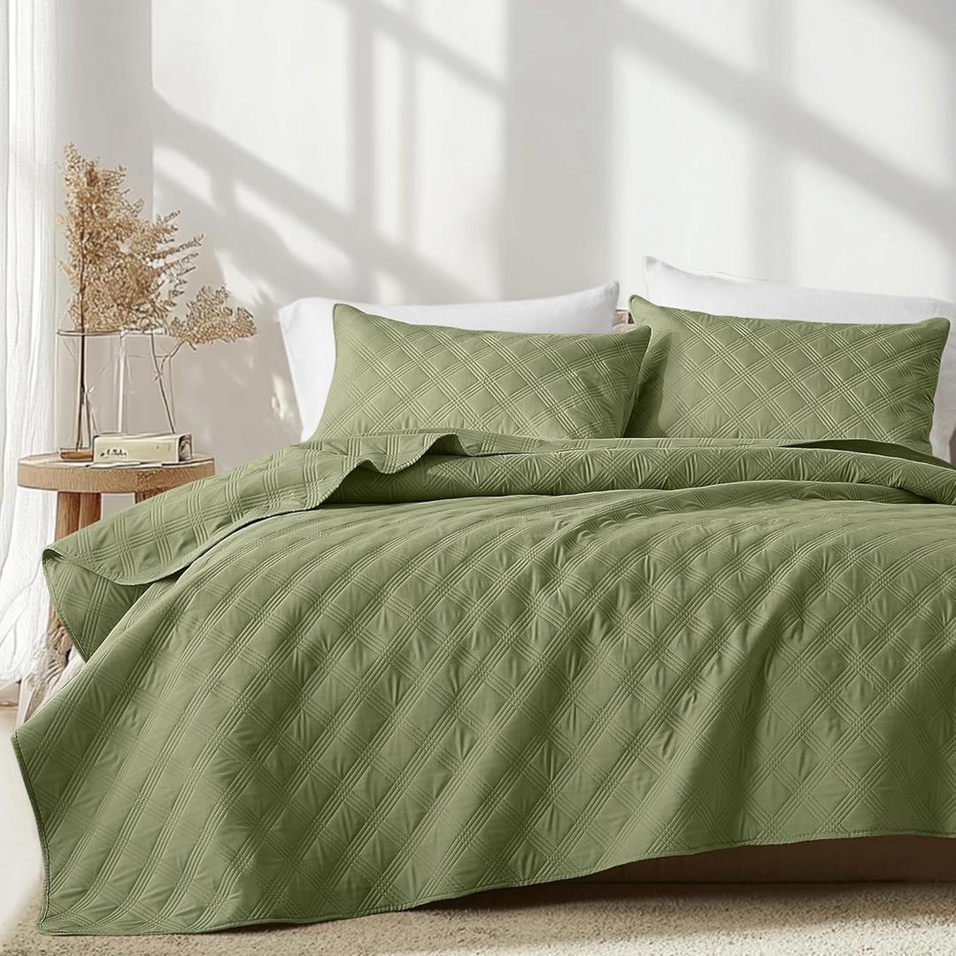 inron Quilt Set Queen Size, Green Microfiber Ultrasonic Full Bedspreads, Lightweight Breathable Coverlet, Modern Geometric Pattern Thin Bedding Set for All Season (1 Quilt, 2 Pillow Shams)