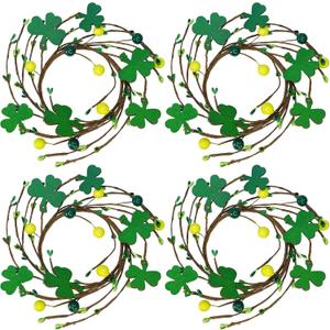 Winlyn 4 Pcs St. Patrick's Candle Ring Lucky Shamrock Candle Wreath Rings Green Clover and Berry Wreaths 9.5" for Spring Irish St. Patrick's Day Wedding Kitchen Cabinet Wall Window Front Door Decor