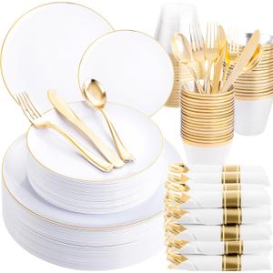 WELLIEFE 700 PCS Gold Plastic Dinnerware Set for 100 Guests, Party Plates Disposable, Include: 100 Dinner Plates, 100 Dessert Plates, 100 Gold Plastic Silverware Set, 100 Napkins, 100 Cups