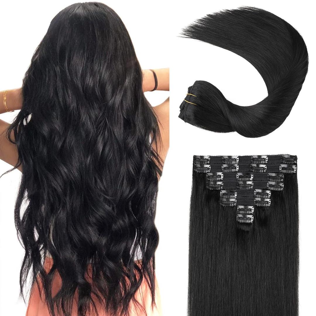 JIAMEISI Clip In Hair Extensions Human Hair 120g 8pcs Thickened Silky Straight Human Hair Clip In Extensions 16inch #1 Jet Black Hair Extensions