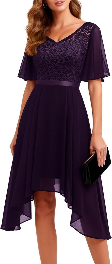 BeryLove Cocktail Formal Party Dress Bridesmaid Wedding Guest A Line Lace Elegant Flowy Prom Dresses, L