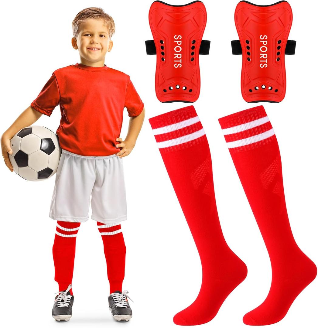 Syhood Soccer Shin Guards and Socks for Toddler Kids Youth, Lightweight Soccer Shin Pads Protective Defender Gear for Children Teen Boys Girls Sports Game(M Size,Red)