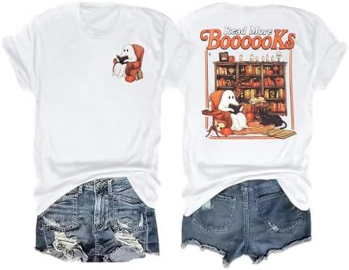 Halloween Teacher Shirts Women Spooky Teachers T-Shirt Cute Ghost Pumpkin Graphic T Shirt Teach My Boo Reading Tops Size L