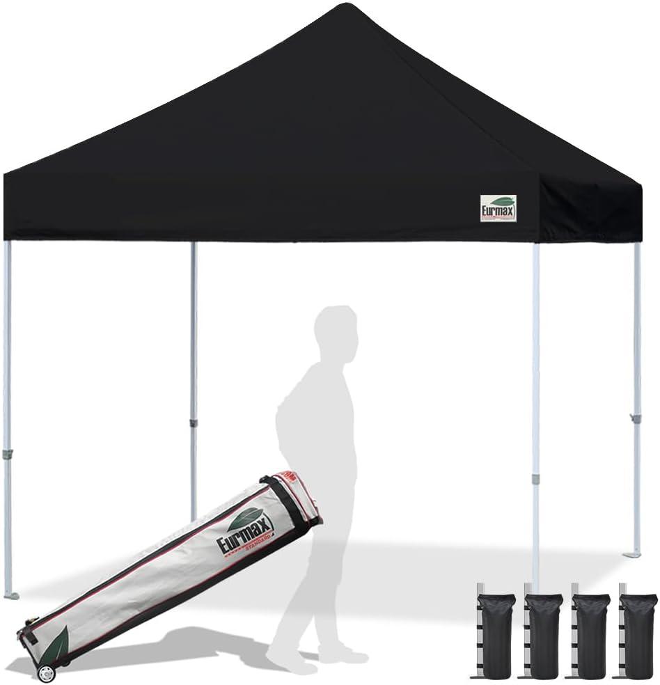 Eurmax USA Standard 10x10ft Patio Pop Up Canopy Tent for Outdoor Events Commercial Instant Canopies with Heavy Duty Roller Bag,Bonus 4 Canopy Sand Bags (Black)