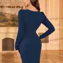 ZAFUL Women 2025 Sexy V Neck Long Sleeve Faux Wrap Dress Sheath Ruched Bodycon Party Work Cocktail Mid Dresses (Blue, L)