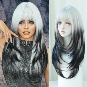 7JHH WIGS 25" Long Straight Layered Wig with Bangs Heat Resistant Black White Ombre Wig Make Natural Looking Wigs for Women Party Cospaly Curella Wig and Daily Used (Black and White Ombre Curella Cosplay wig)